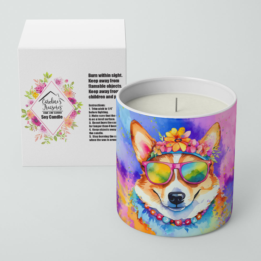 Corgi Hippie Dawg Decorative Soy Candle Nature Soy Wax Essential Oil Home Decor Ideal for Bedroom Kitchen Bath Office Gift, 10 oz