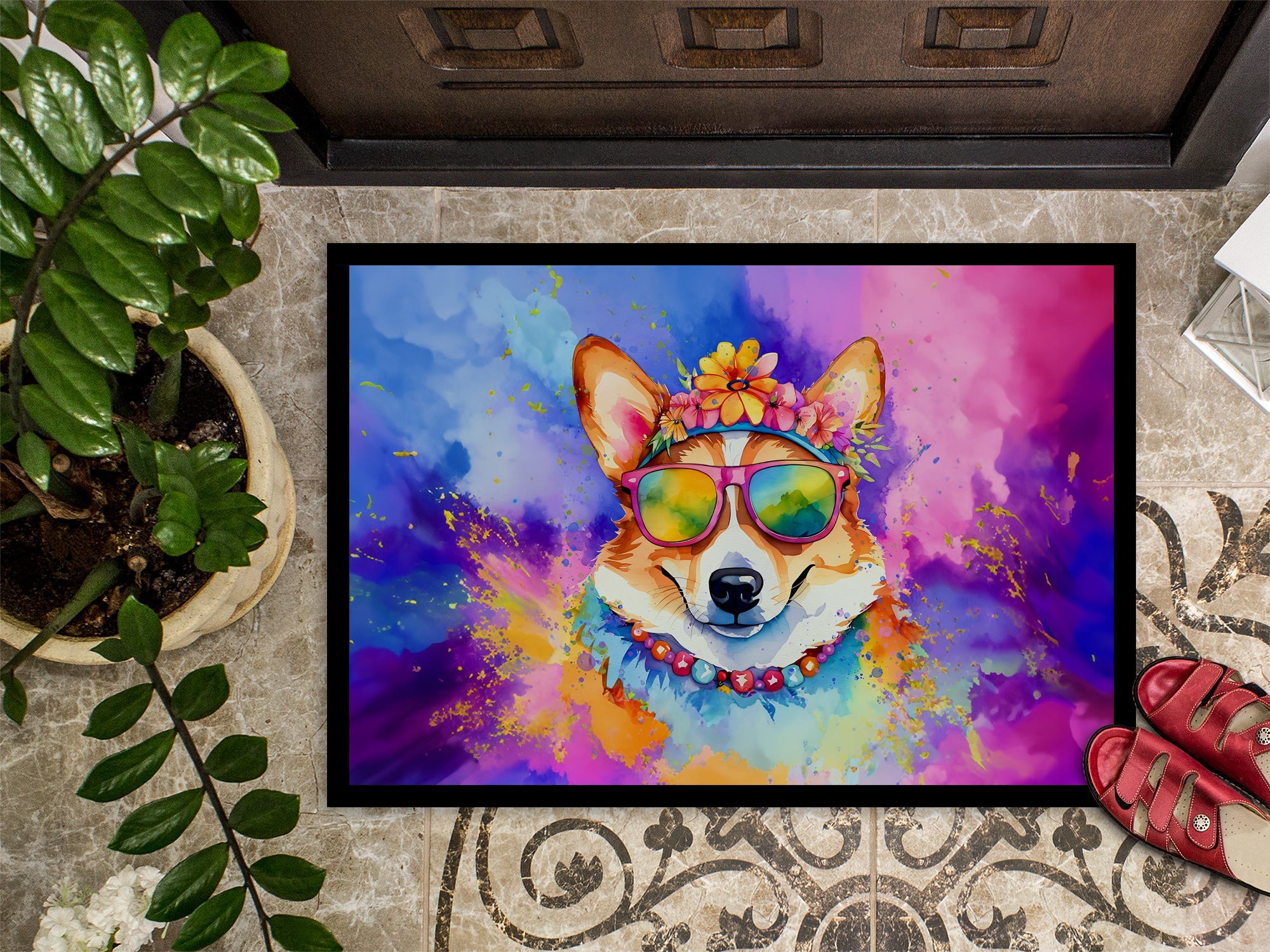 Corgi Hippie Dawg Doormat Indoor Outdoor 18H X 27W Front Door Mat Rugs for Entryway, Non Slip Washable