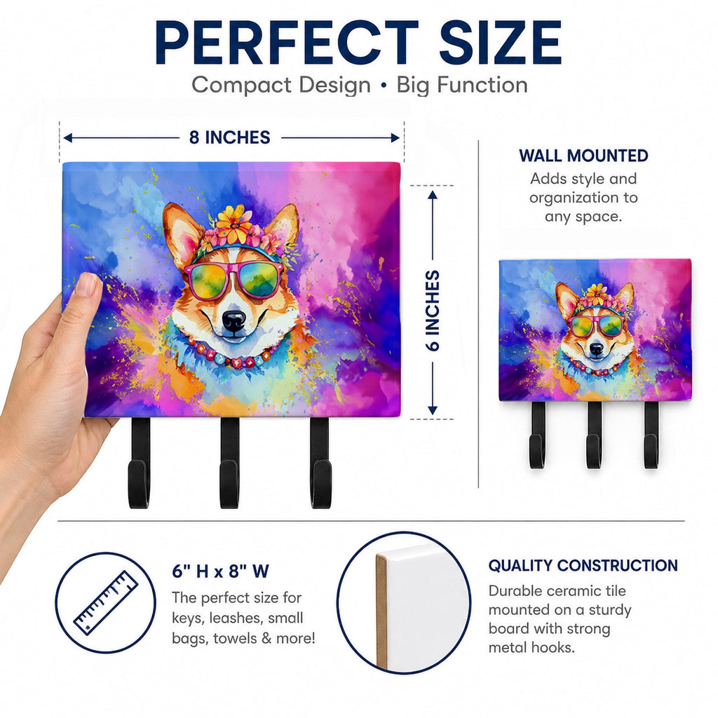 Corgi Hippie Dawg Leash or Key Holder Wall Hooks, Coat Rack Wall Mount, for Hanging Keys, Towels, Aprons, Leashes