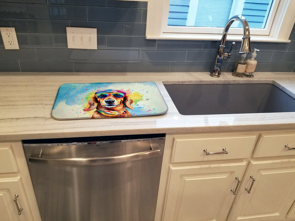 Dachshund Hippie Dawg Dish Drying Mat Absorbent Dish Drying Mat Pad for Kitchen Counter Dish Drainer Mat for Countertop, 14 x 21", Multicolor