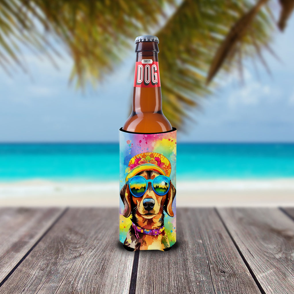 Dachshund Hippie Dawg Slim Can Hugger , Insulated Foam Hugger for 12 oz Slim Cans, Beer Bottles & Water Bottles, Printed in USA