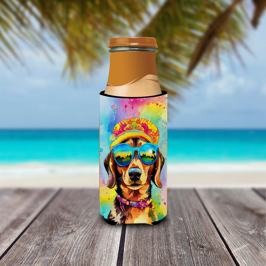 Dachshund Hippie Dawg Slim Can Hugger , Insulated Foam Hugger for 12 oz Slim Cans, Beer Bottles & Water Bottles, Printed in USA