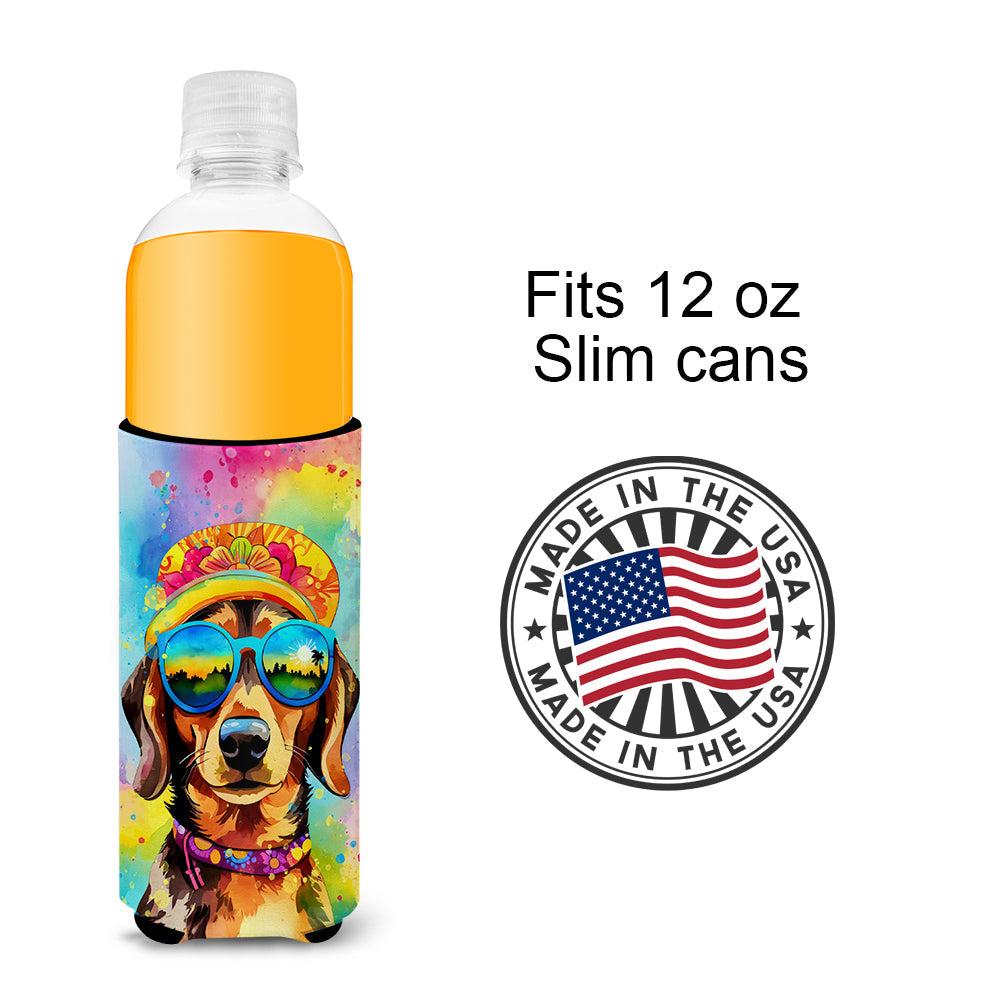 Dachshund Hippie Dawg Slim Can Hugger , Insulated Foam Hugger for 12 oz Slim Cans, Beer Bottles & Water Bottles, Printed in USA