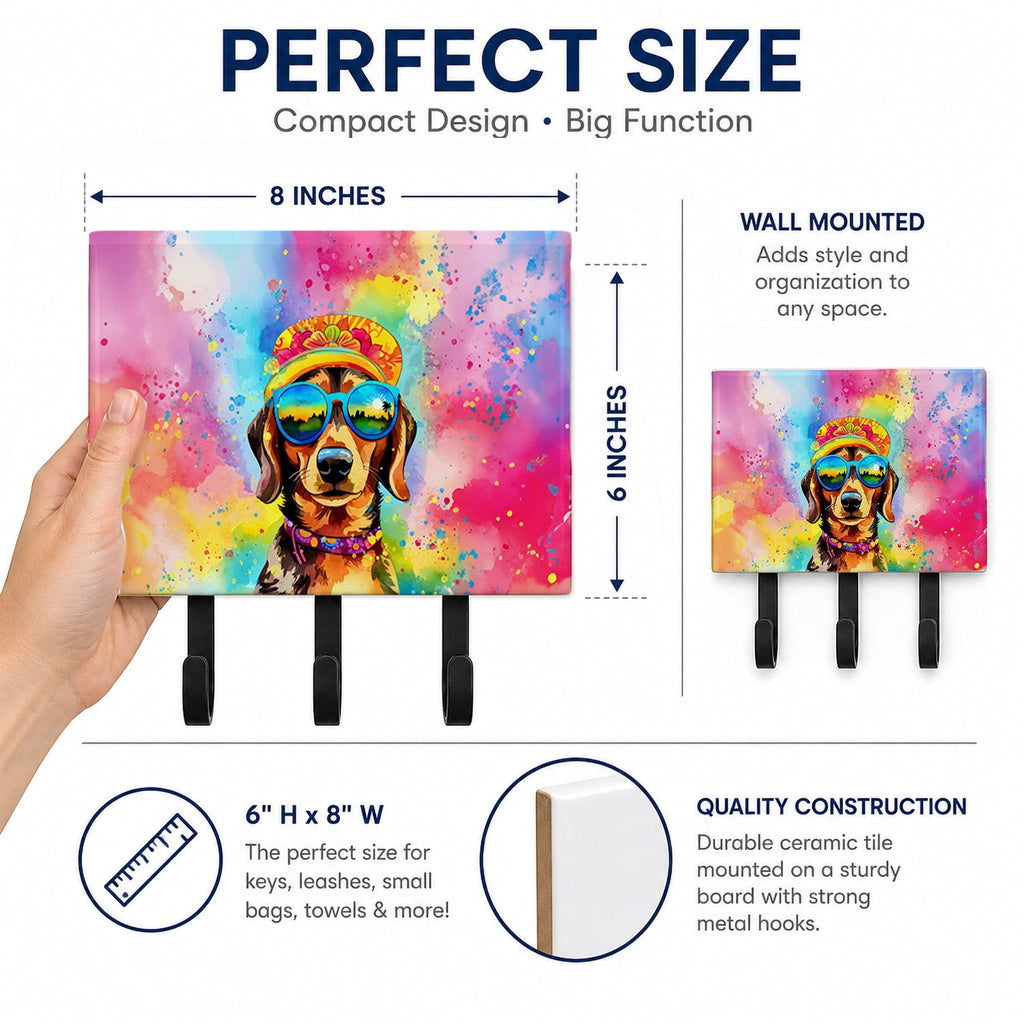 Dachshund Hippie Dawg Leash or Key Holder Wall Hooks, Coat Rack Wall Mount, for Hanging Keys, Towels, Aprons, Leashes