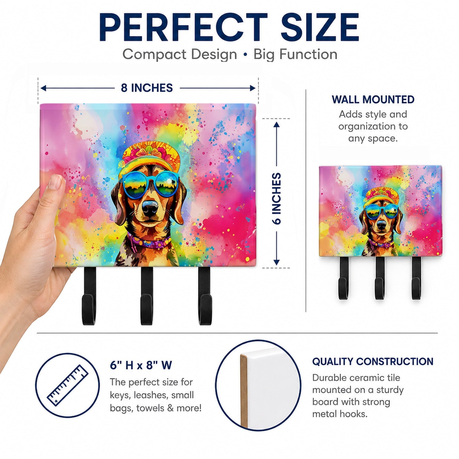 Dachshund Hippie Dawg Leash or Key Holder Wall Hooks, Coat Rack Wall Mount, for Hanging Keys, Towels, Aprons, Leashes