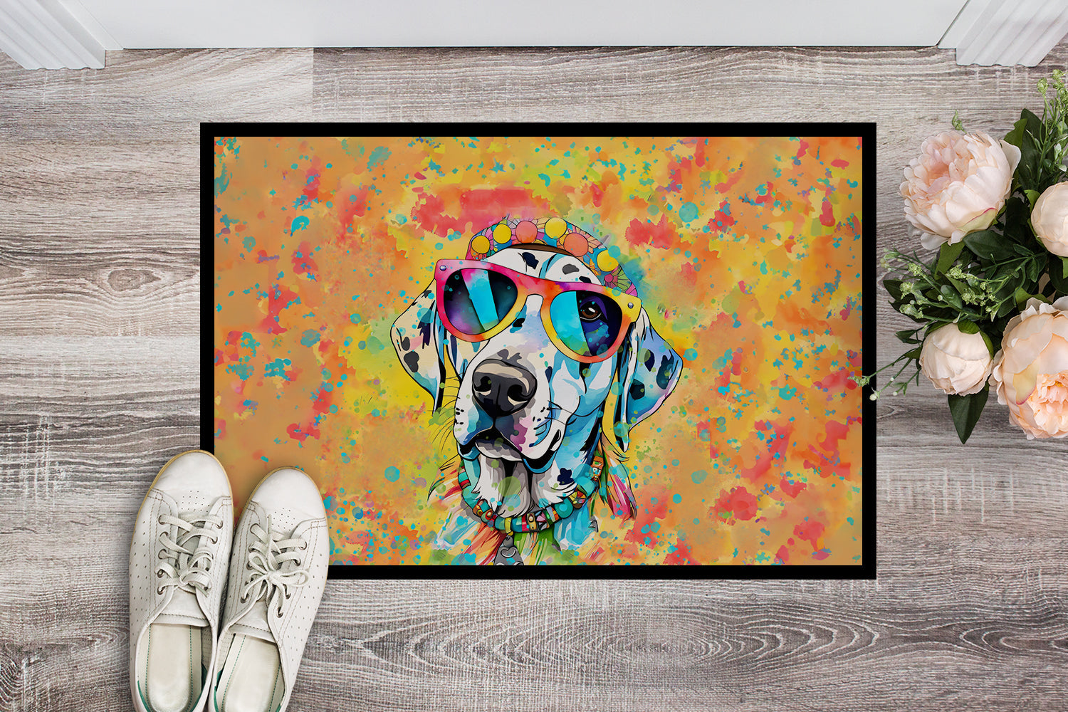 Dalmatian Hippie Dawg Doormat Indoor Outdoor 18H X 27W Front Door Mat Rugs for Entryway, Non Slip Washable