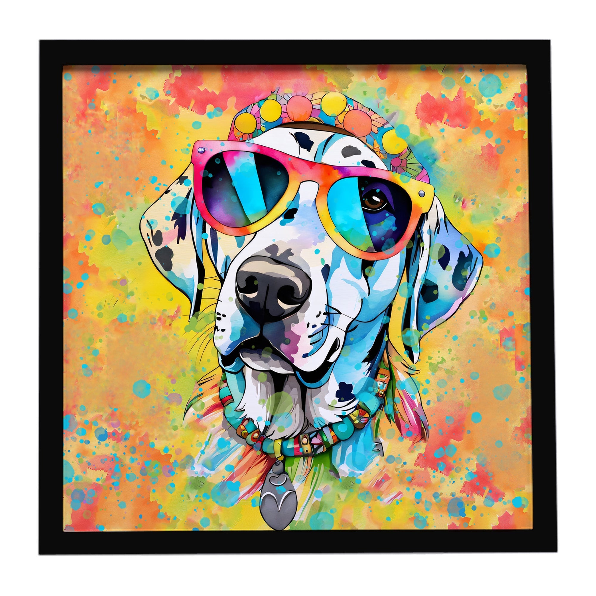 Dalmatian Hippie Dawg Framed Metal Print Bathroom, Kitchen, Office, Home Decor Wall Art Ready to Hang, Square, 8X8