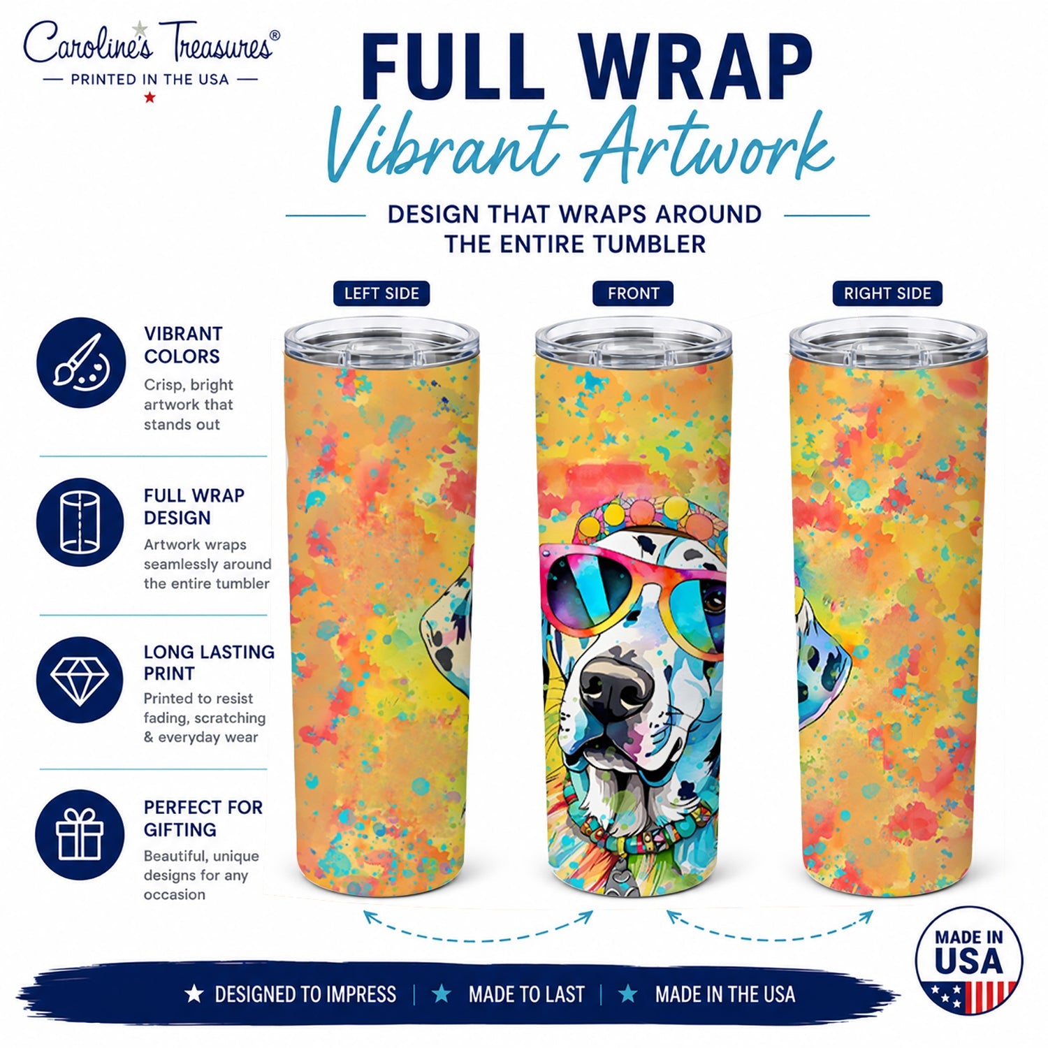 Dalmatian Hippie Dawg Stainless Steel Skinny Tumbler 20 oz Vacuum Double Walled Reusable Insulated Travel Cup