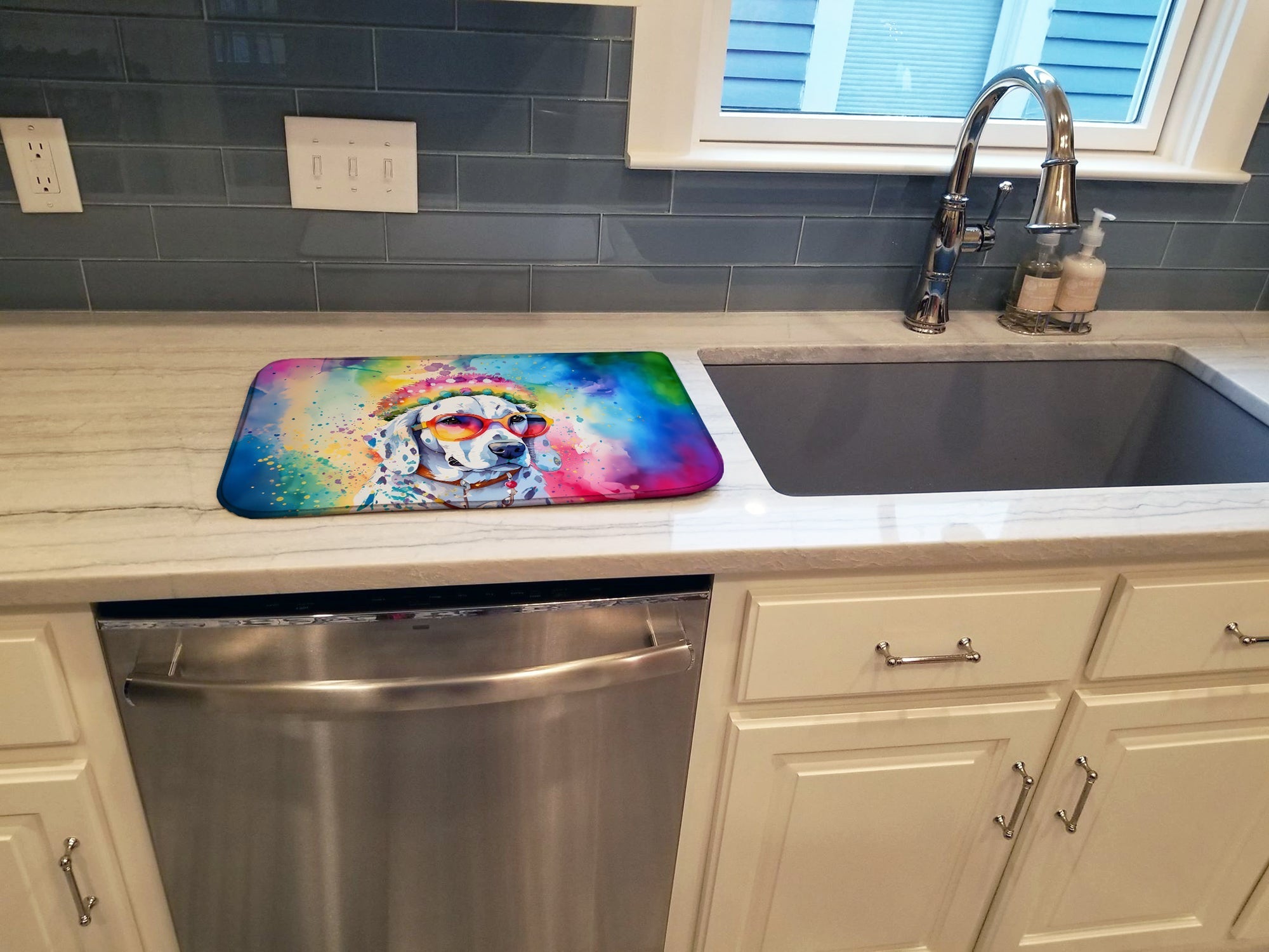 Dalmatian Hippie Dawg Dish Drying Mat Absorbent Dish Drying Mat Pad for Kitchen Counter Dish Drainer Mat for Countertop, 14 x 21", Multicolor