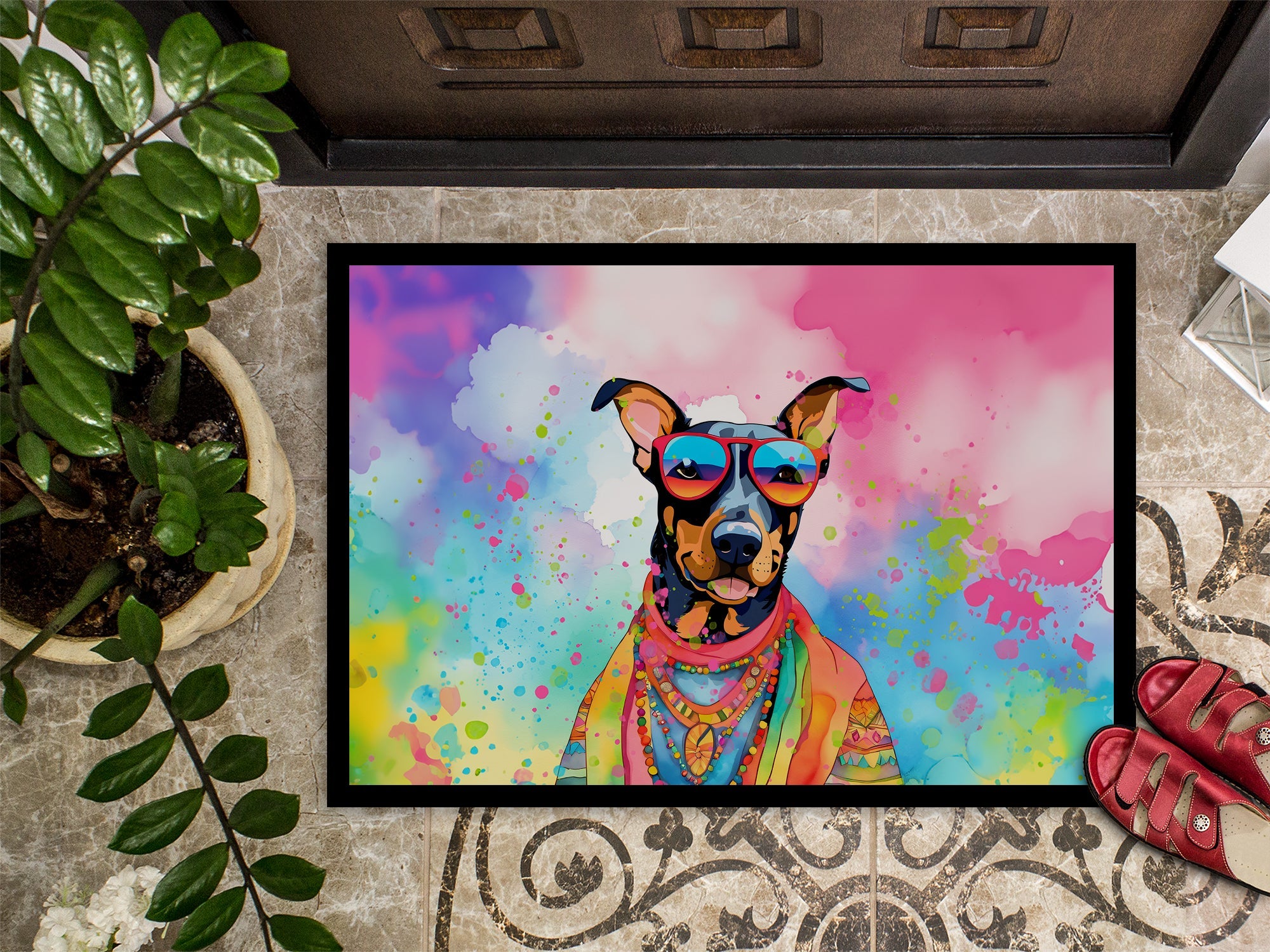 Doberman Pinscher Hippie Dawg Doormat Indoor Outdoor 24H X 36W Front Door Mat Rugs for Entryway, Non Slip Washable Low Pile,