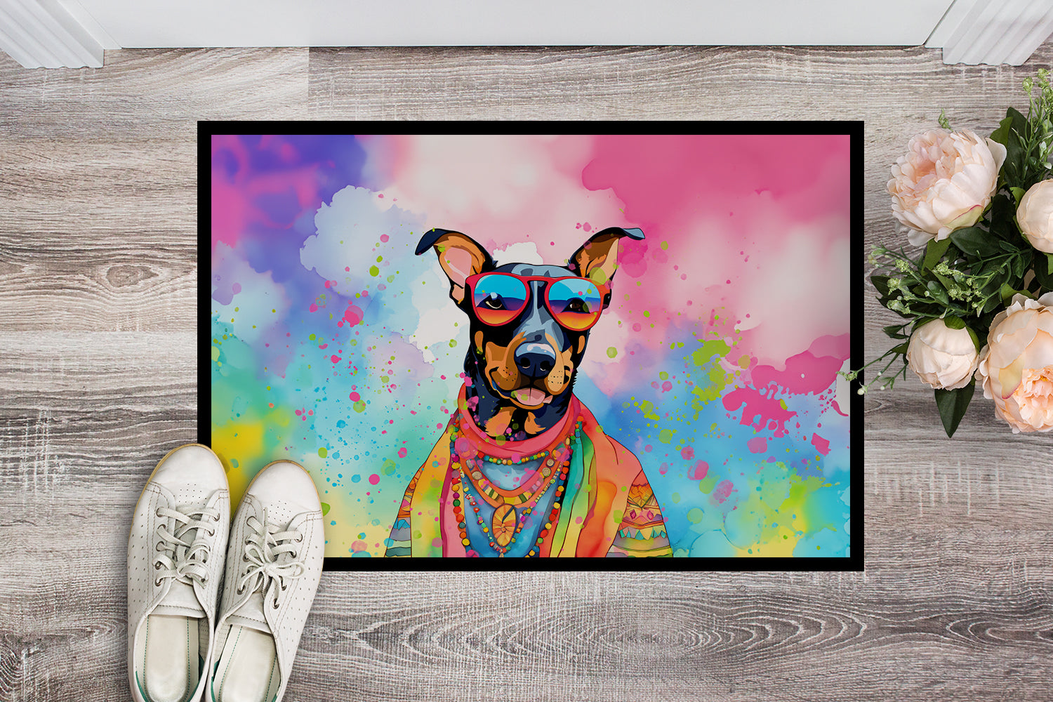 Doberman Pinscher Hippie Dawg Doormat Indoor Outdoor 18H X 27W Front Door Mat Rugs for Entryway, Non Slip Washable