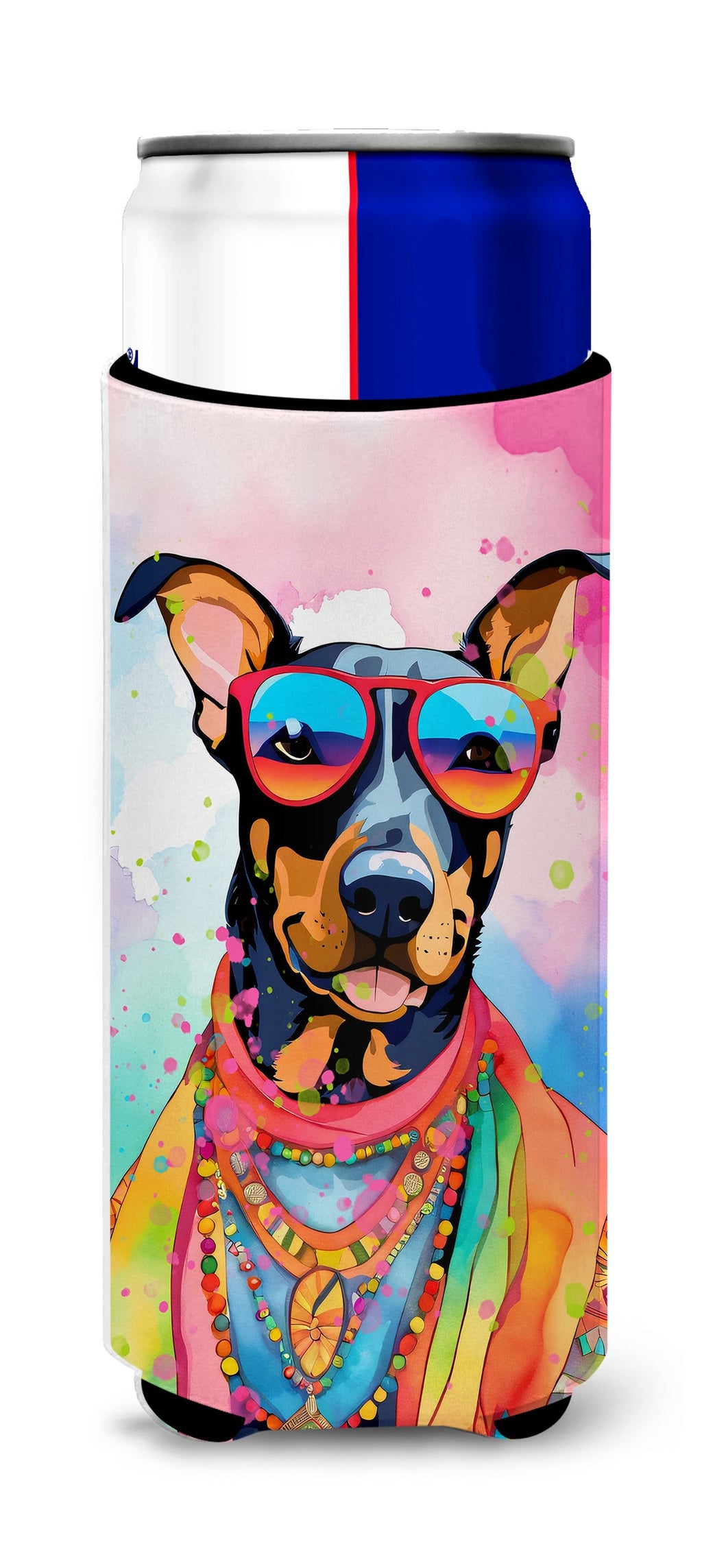 Doberman Pinscher Hippie Dawg Slim Can Hugger , Insulated Foam Hugger for 12 oz Slim Cans, Beer Bottles & Water Bottles, Printed in USA