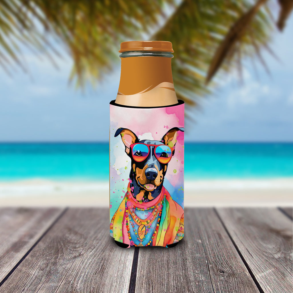 Doberman Pinscher Hippie Dawg Slim Can Hugger , Insulated Foam Hugger for 12 oz Slim Cans, Beer Bottles & Water Bottles, Printed in USA
