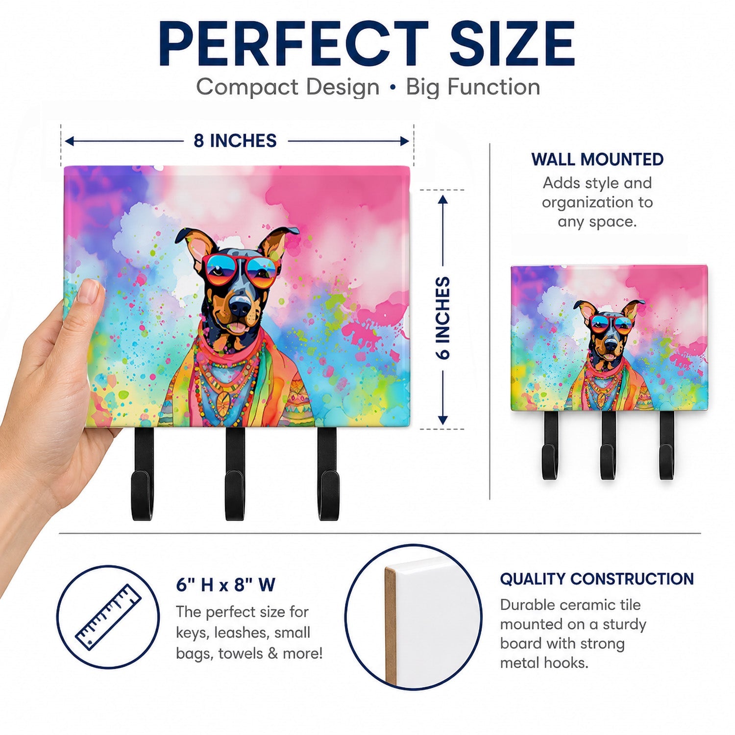 Doberman Pinscher Hippie Dawg Leash or Key Holder Wall Hooks, Coat Rack Wall Mount, for Hanging Keys, Towels, Aprons, Leashes