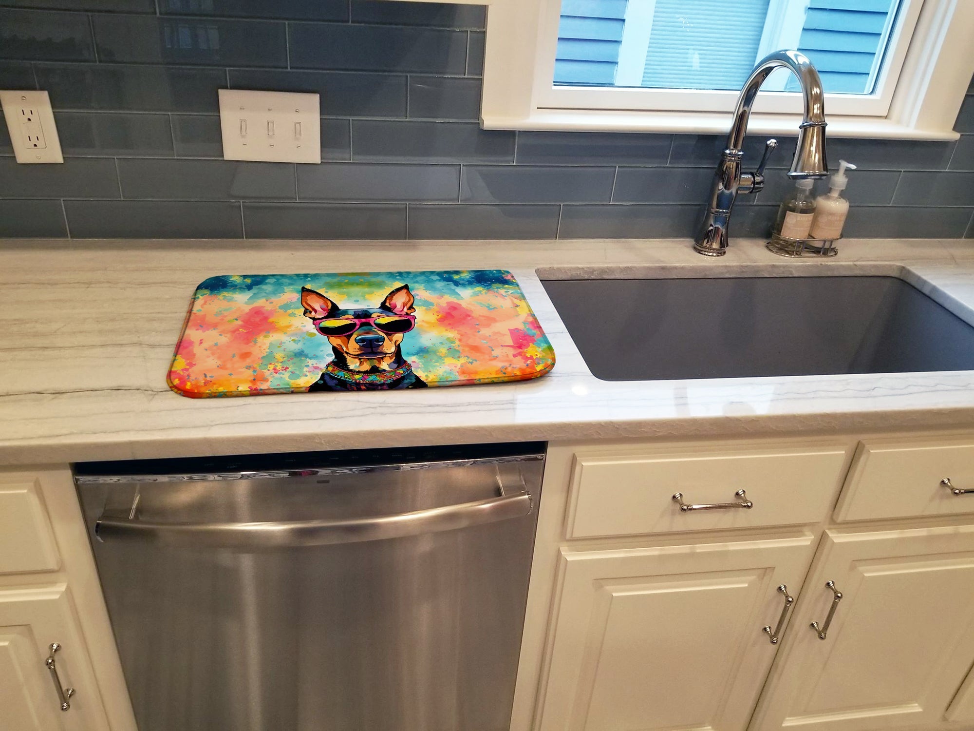 Doberman Pinscher Hippie Dawg Dish Drying Mat Absorbent Dish Drying Mat Pad for Kitchen Counter Dish Drainer Mat for Countertop, 14 x 21", Multicolor