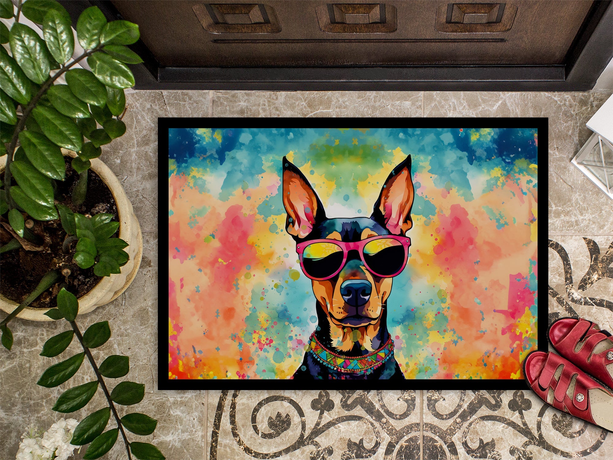 Doberman Pinscher Hippie Dawg Doormat Indoor Outdoor 24H X 36W Front Door Mat Rugs for Entryway, Non Slip Washable Low Pile,
