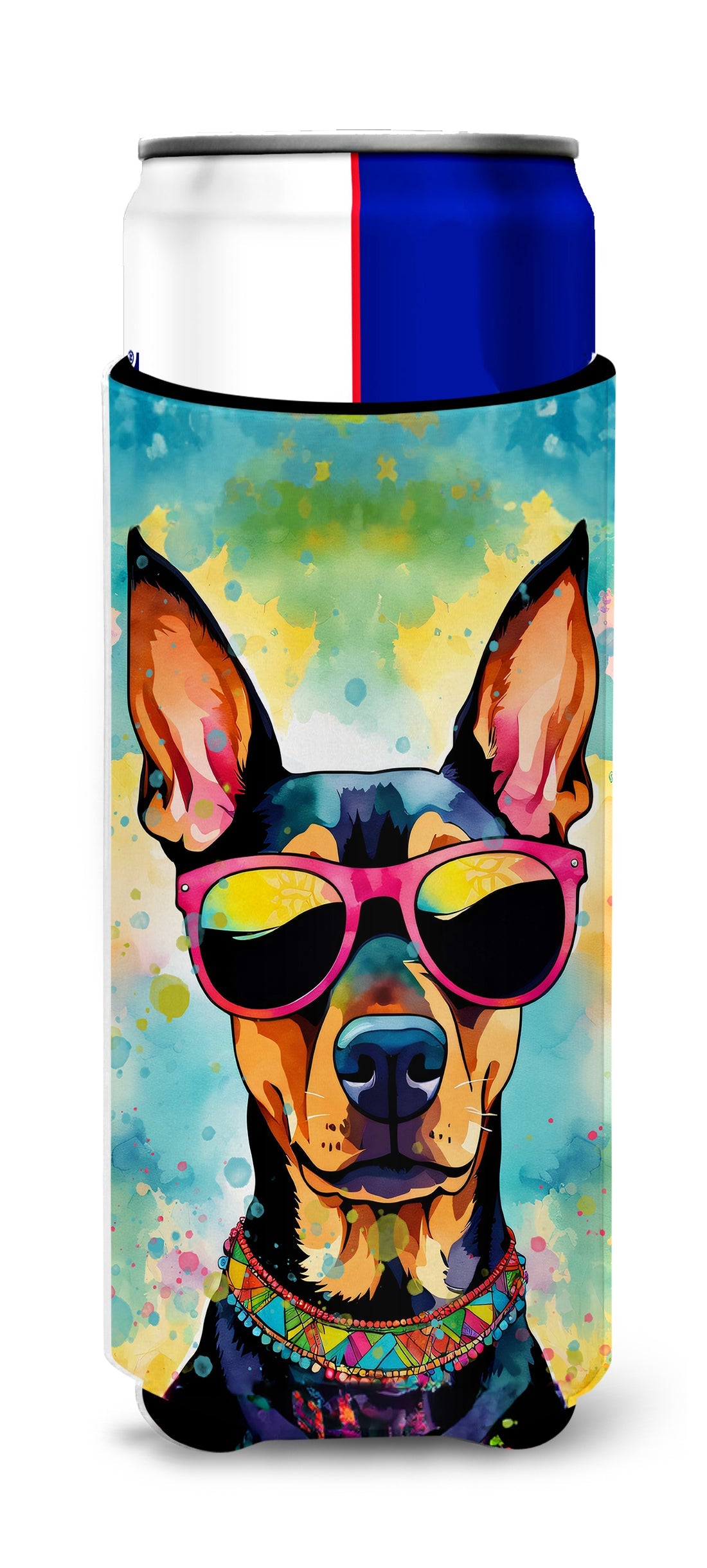Doberman Pinscher Hippie Dawg Slim Can Hugger , Insulated Foam Hugger for 12 oz Slim Cans, Beer Bottles & Water Bottles, Printed in USA