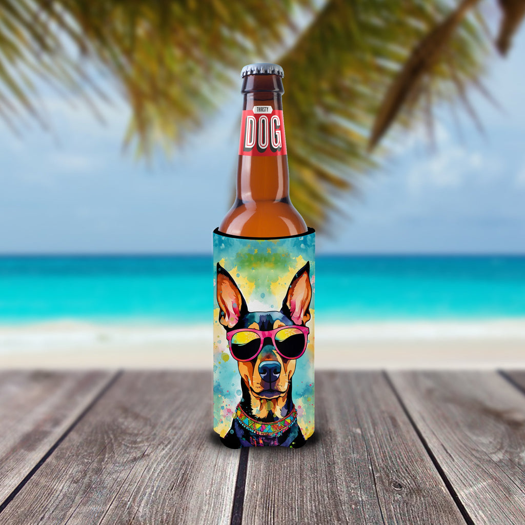 Doberman Pinscher Hippie Dawg Slim Can Hugger , Insulated Foam Hugger for 12 oz Slim Cans, Beer Bottles & Water Bottles, Printed in USA