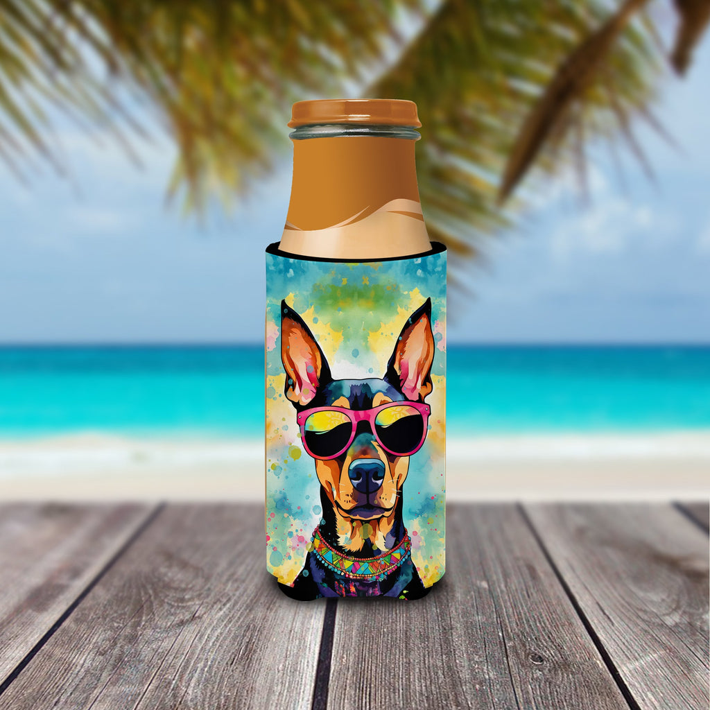 Doberman Pinscher Hippie Dawg Slim Can Hugger , Insulated Foam Hugger for 12 oz Slim Cans, Beer Bottles & Water Bottles, Printed in USA