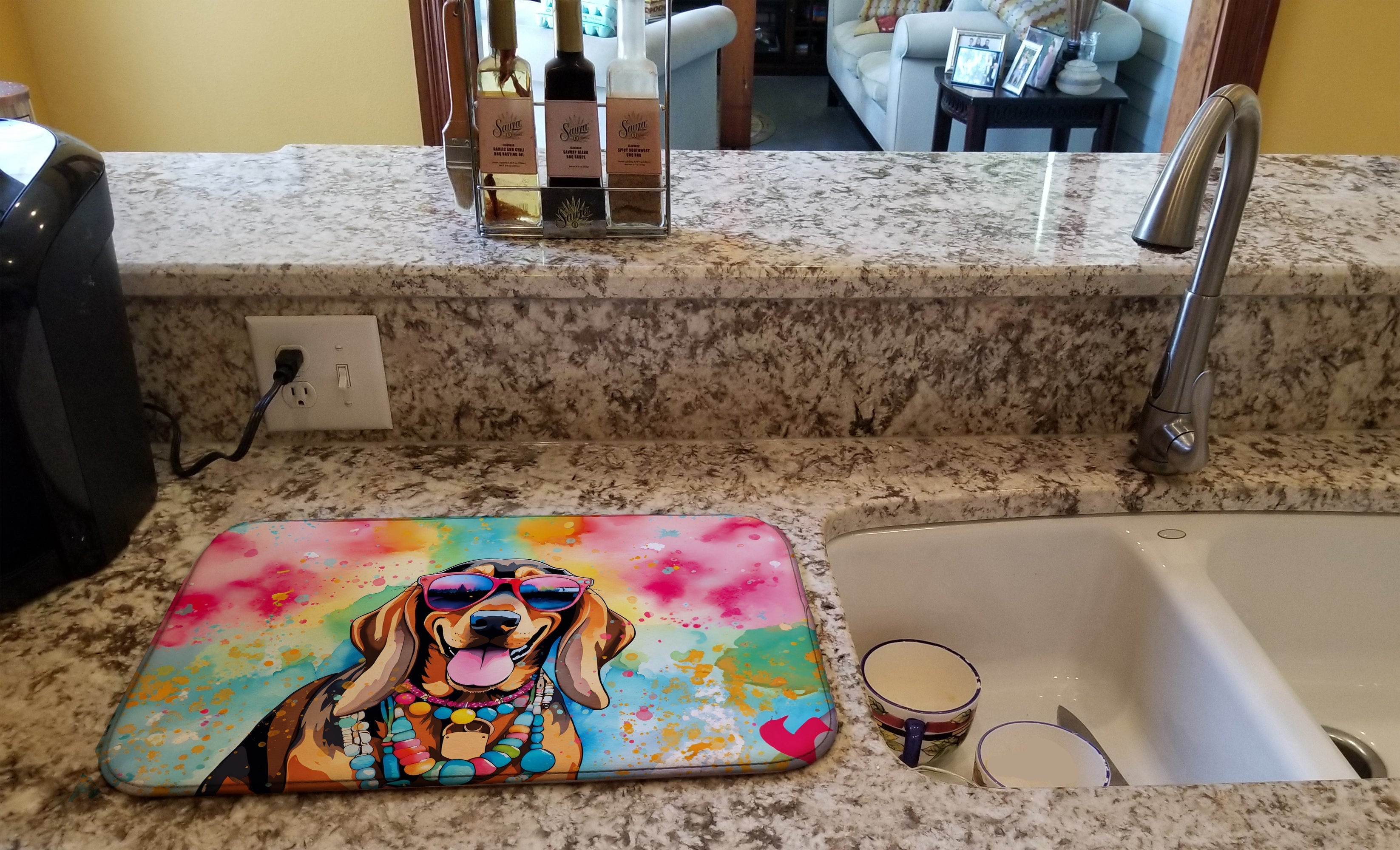 Doberman Pinscher Hippie Dawg Dish Drying Mat Absorbent Dish Drying Mat Pad for Kitchen Counter Dish Drainer Mat for Countertop, 14 x 21", Multicolor
