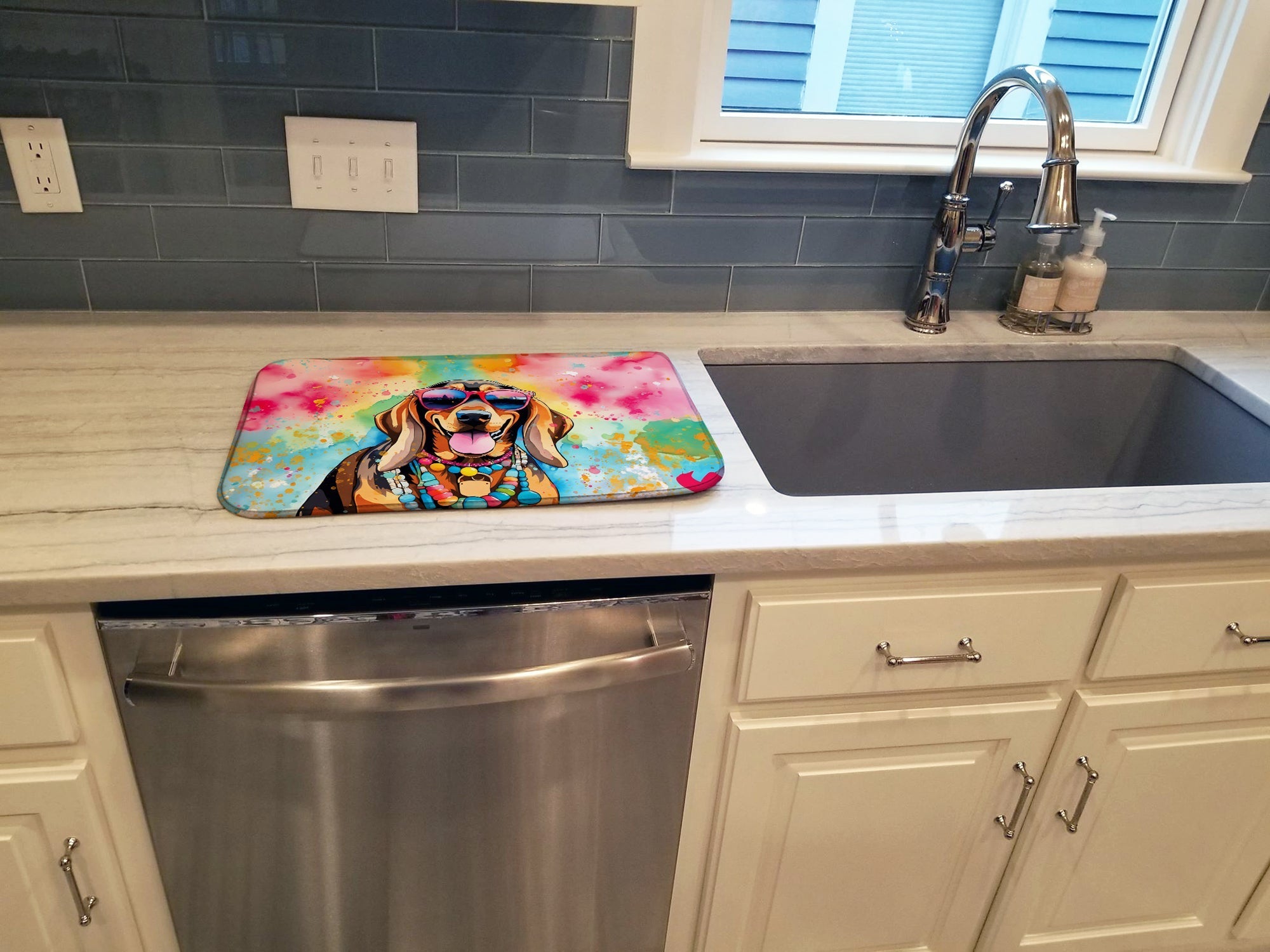 Doberman Pinscher Hippie Dawg Dish Drying Mat Absorbent Dish Drying Mat Pad for Kitchen Counter Dish Drainer Mat for Countertop, 14 x 21", Multicolor