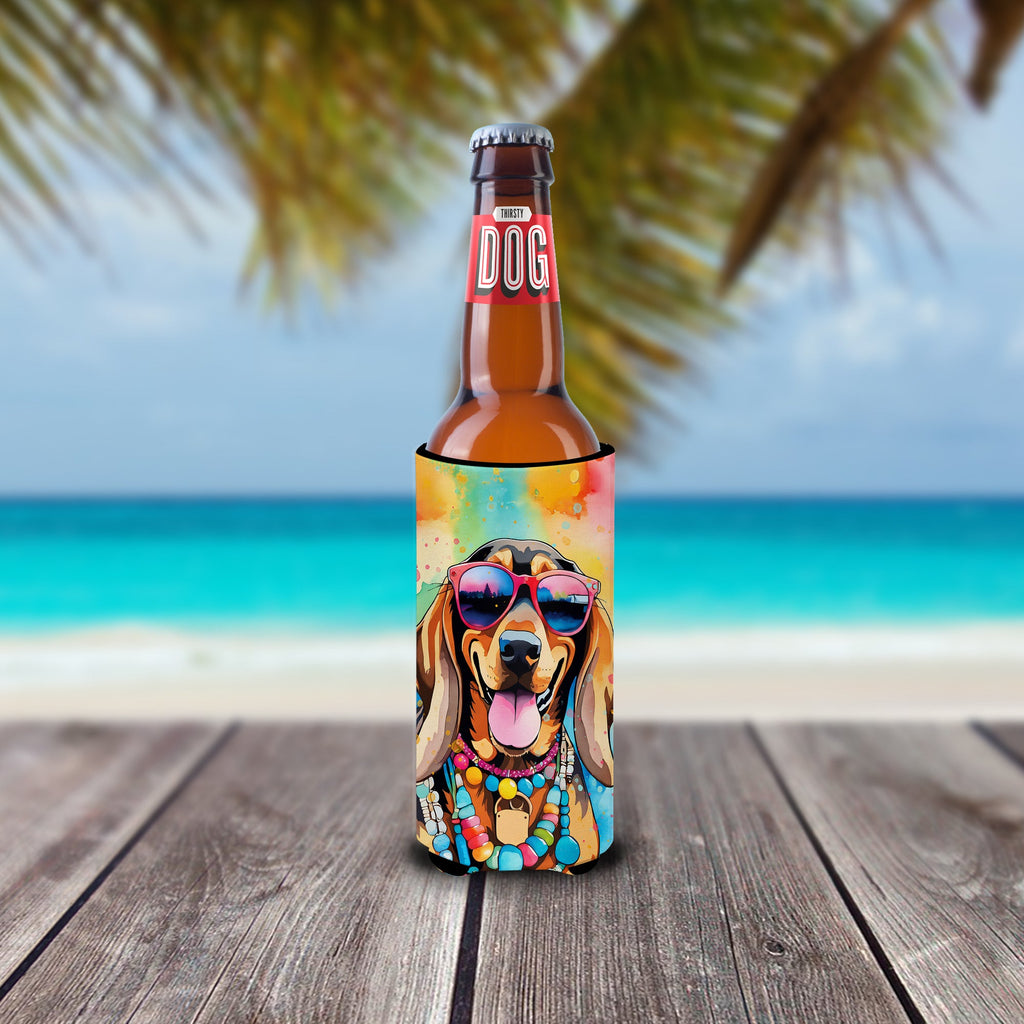 Doberman Pinscher Hippie Dawg Slim Can Hugger , Insulated Foam Hugger for 12 oz Slim Cans, Beer Bottles & Water Bottles, Printed in USA