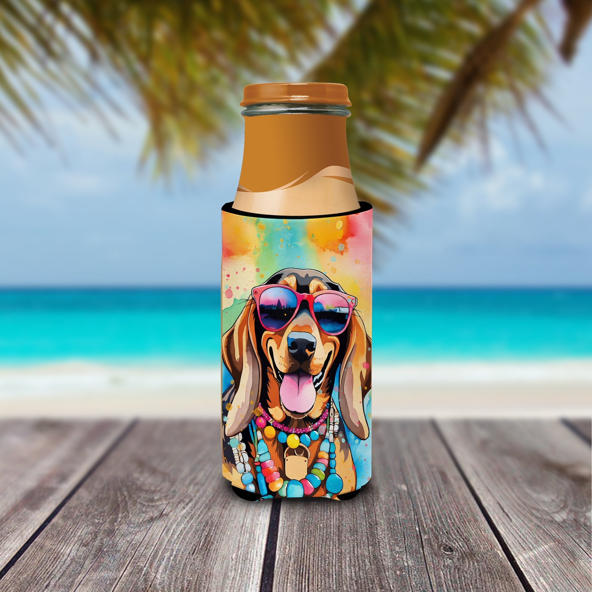 Doberman Pinscher Hippie Dawg Slim Can Hugger , Insulated Foam Hugger for 12 oz Slim Cans, Beer Bottles & Water Bottles, Printed in USA
