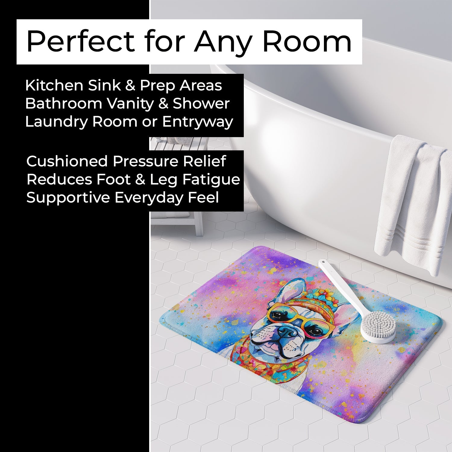 French Bulldog Hippie Dawg Memory Foam Kitchen Mat Machine Washable Anti-Fatigue Cushion Comfort Bath or Kitchen Rug