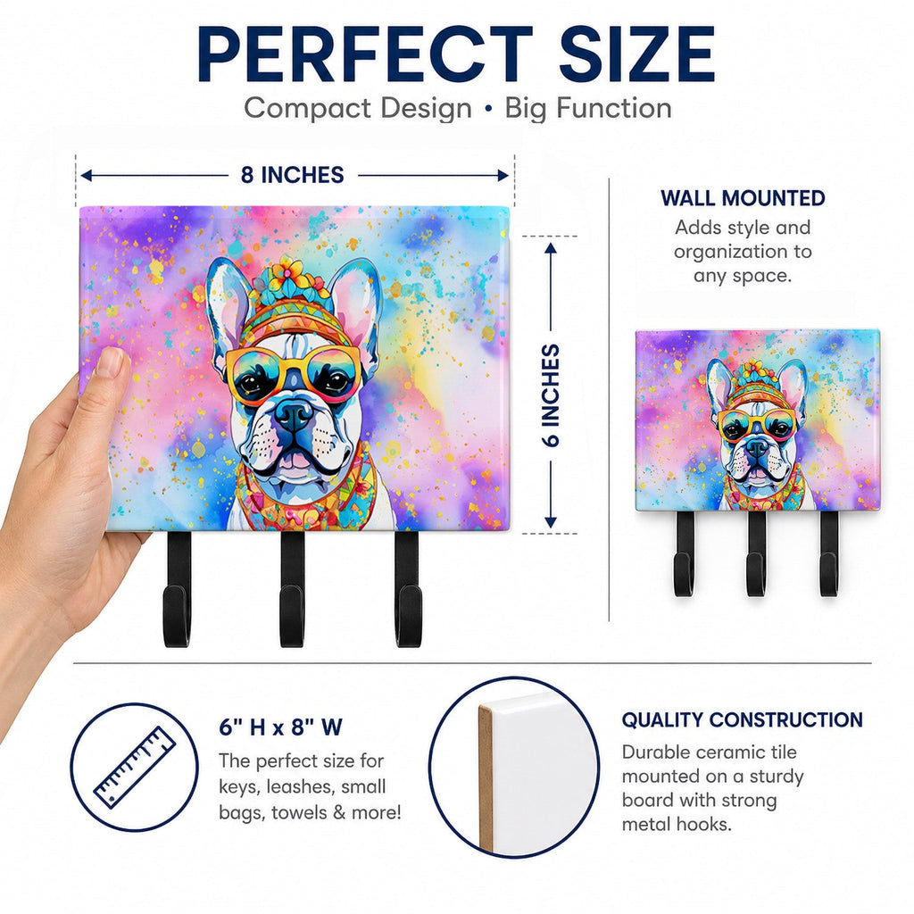 French Bulldog Hippie Dawg Leash or Key Holder Wall Hooks, Coat Rack Wall Mount, for Hanging Keys, Towels, Aprons, Leashes