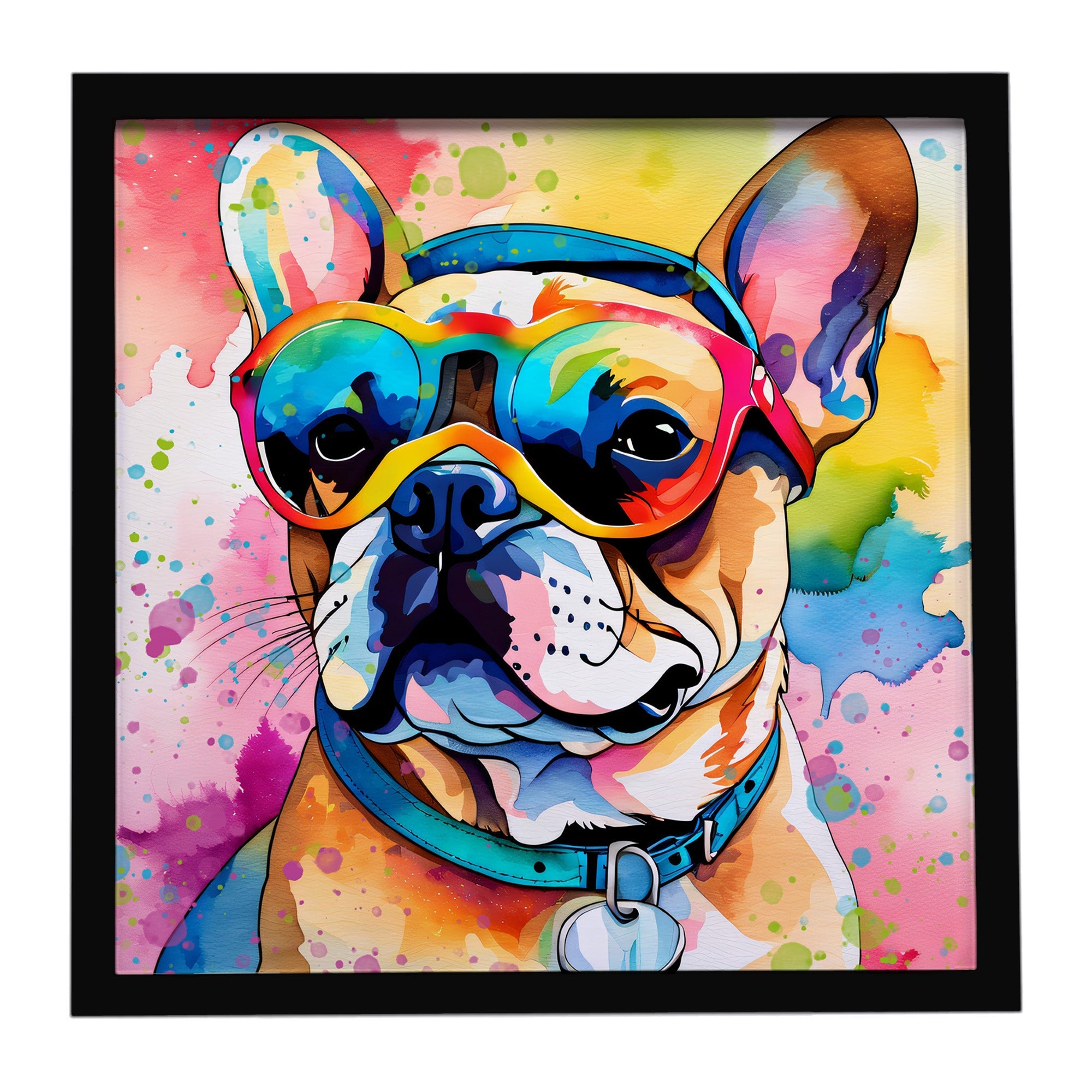 French Bulldog Hippie Dawg Framed Metal Print Bathroom, Kitchen, Office, Home Decor Wall Art Ready to Hang, Square, 8X8