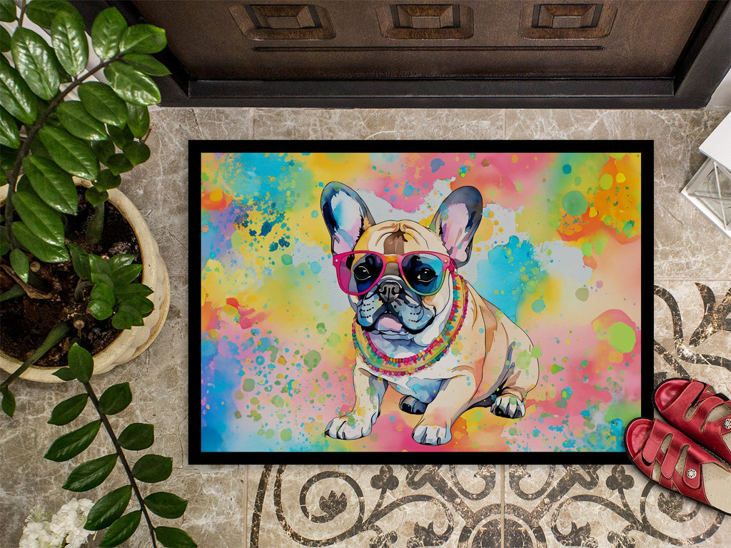 French Bulldog Hippie Dawg Doormat Indoor Outdoor 24H X 36W Front Door Mat Rugs for Entryway, Non Slip Washable Low Pile,