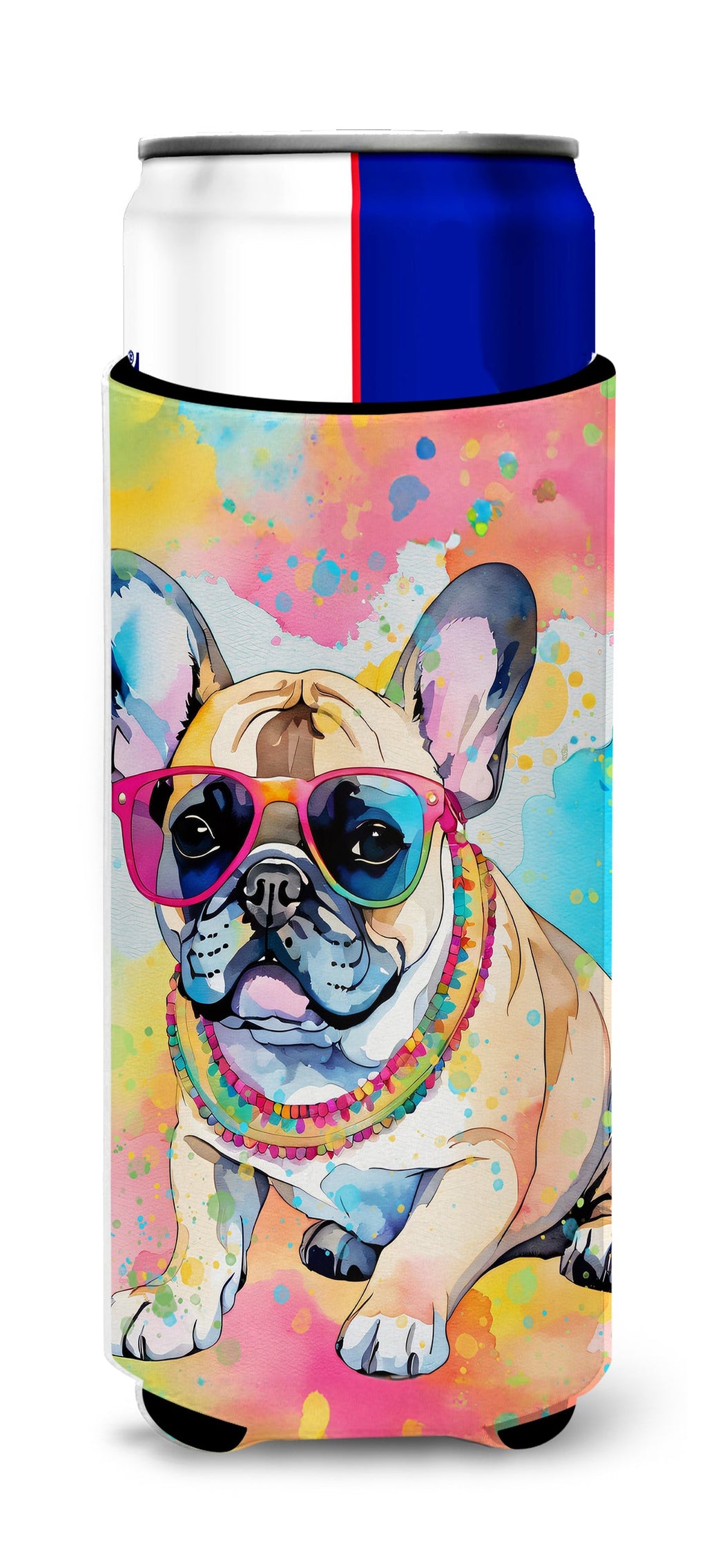 French Bulldog Hippie Dawg Slim Can Hugger , Insulated Foam Hugger for 12 oz Slim Cans, Beer Bottles & Water Bottles, Printed in USA