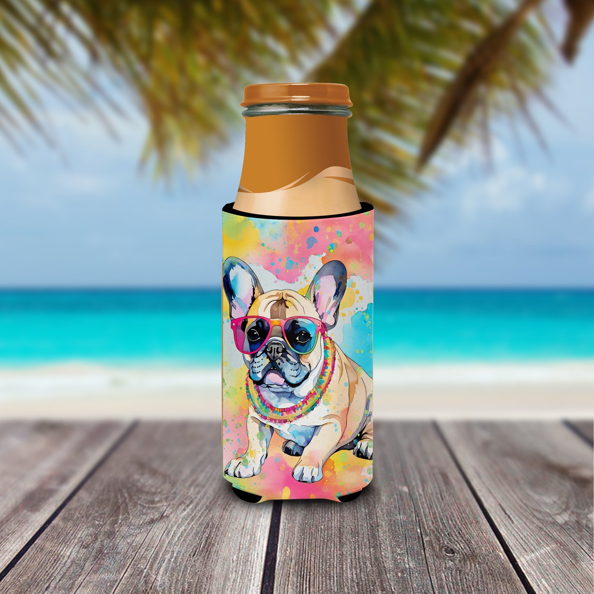 French Bulldog Hippie Dawg Slim Can Hugger , Insulated Foam Hugger for 12 oz Slim Cans, Beer Bottles & Water Bottles, Printed in USA