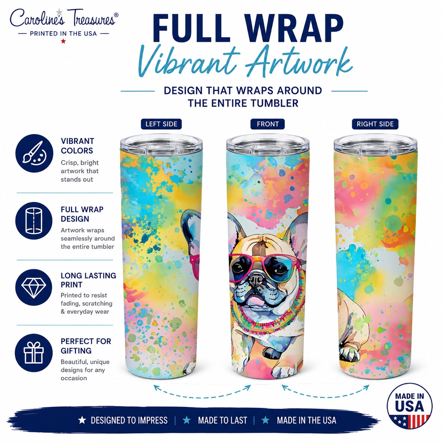 French Bulldog Hippie Dawg Stainless Steel Skinny Tumbler 20 oz Vacuum Double Walled Reusable Insulated Travel Cup