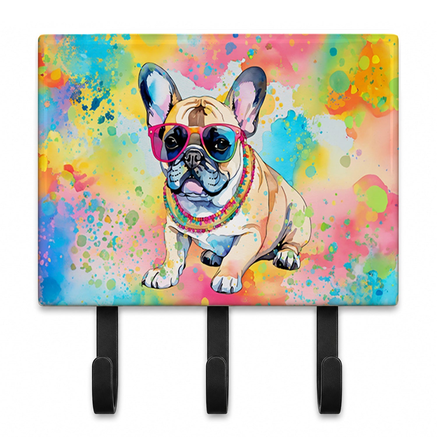 French Bulldog Hippie Dawg Leash or Key Holder Wall Hooks, Coat Rack Wall Mount, for Hanging Keys, Towels, Aprons, Leashes