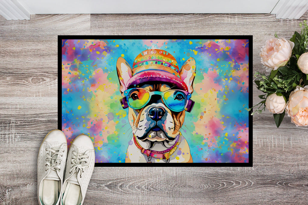 French Bulldog Hippie Dawg Doormat Indoor Outdoor 18H X 27W Front Door Mat Rugs for Entryway, Non Slip Washable