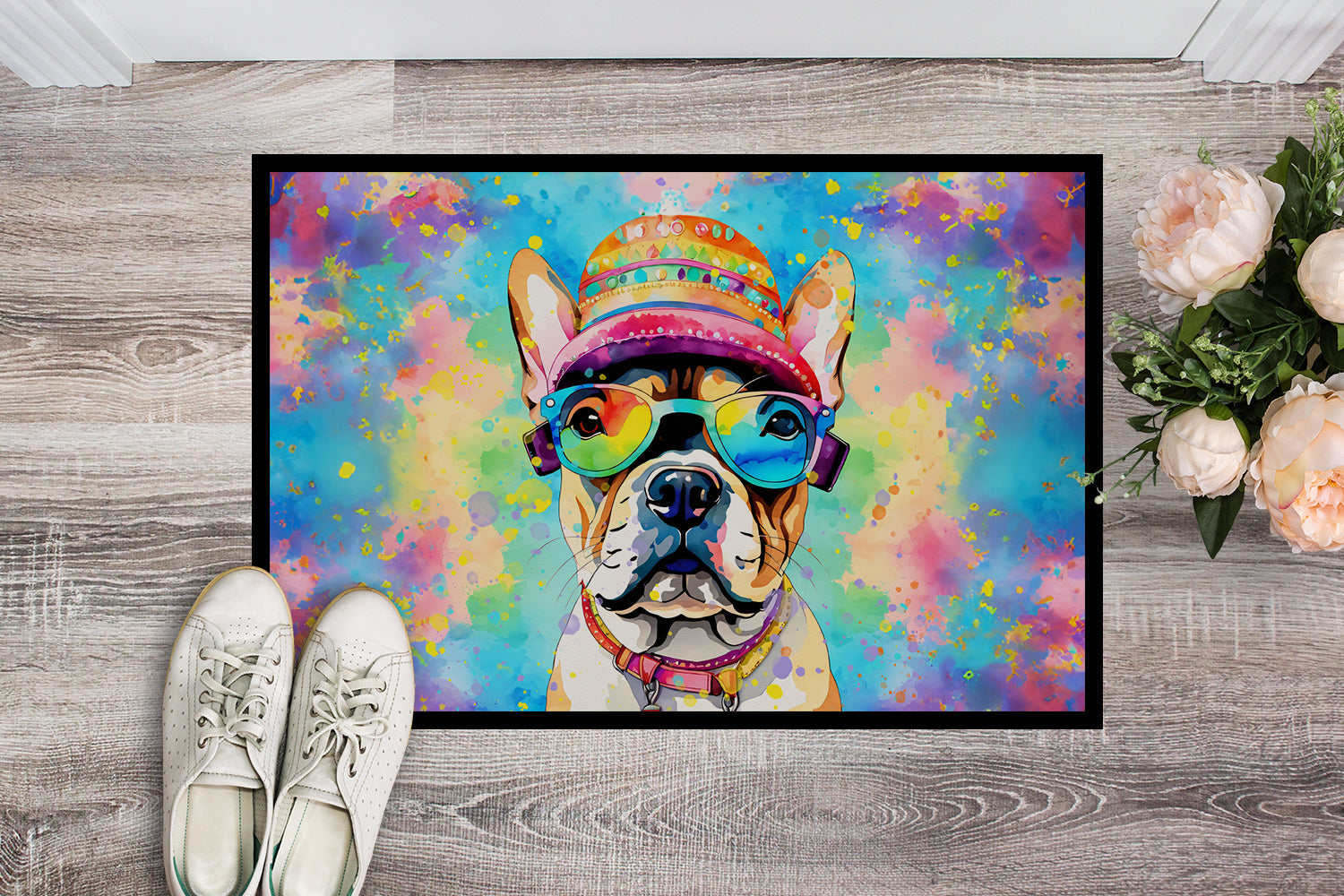 French Bulldog Hippie Dawg Doormat Indoor Outdoor 18H X 27W Front Door Mat Rugs for Entryway, Non Slip Washable