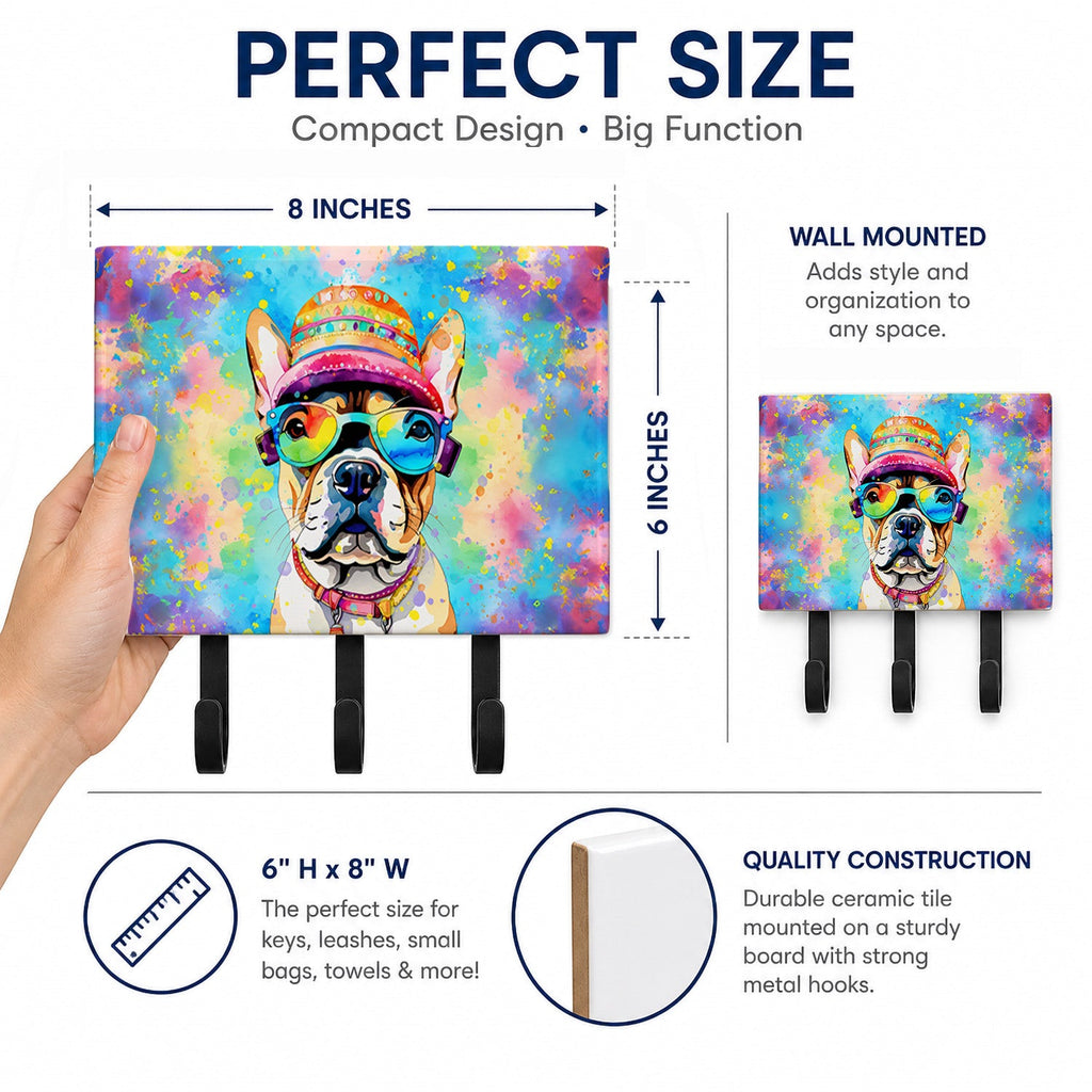 French Bulldog Hippie Dawg Leash or Key Holder Wall Hooks, Coat Rack Wall Mount, for Hanging Keys, Towels, Aprons, Leashes