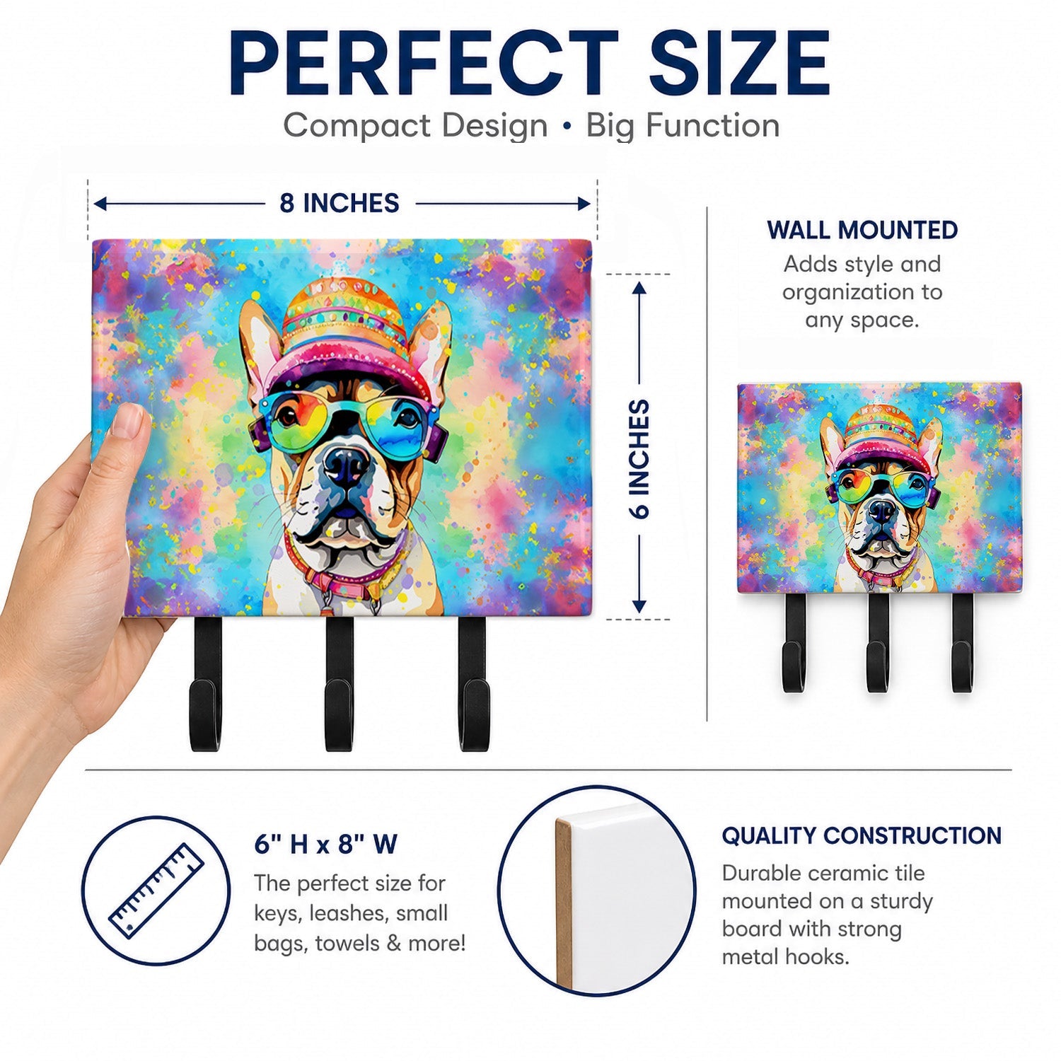 French Bulldog Hippie Dawg Leash or Key Holder Wall Hooks, Coat Rack Wall Mount, for Hanging Keys, Towels, Aprons, Leashes