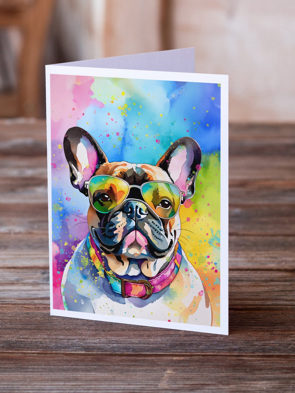 French Bulldog Hippie Dawg Greeting Cards Pack of 8 Blank Cards with Envelopes Whimsical A7 Size 5x7