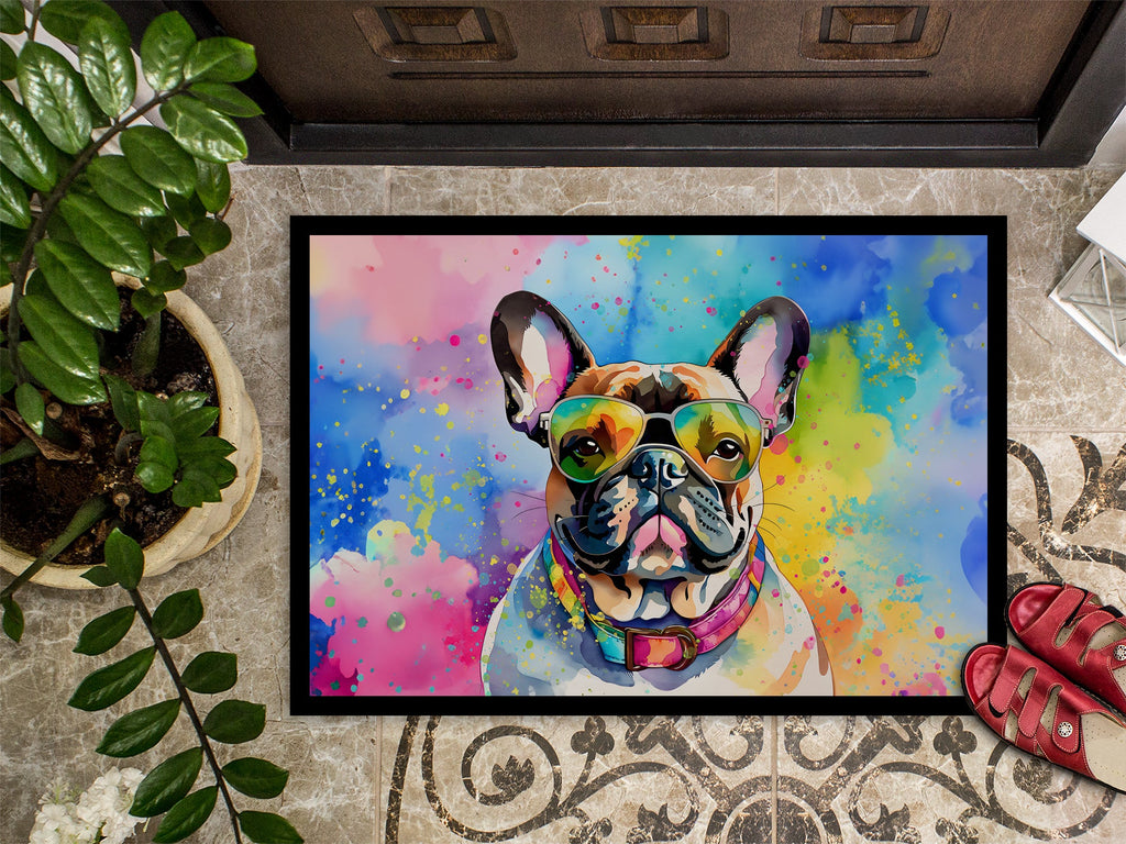 French Bulldog Hippie Dawg Doormat Indoor Outdoor 24H X 36W Front Door Mat Rugs for Entryway, Non Slip Washable Low Pile,