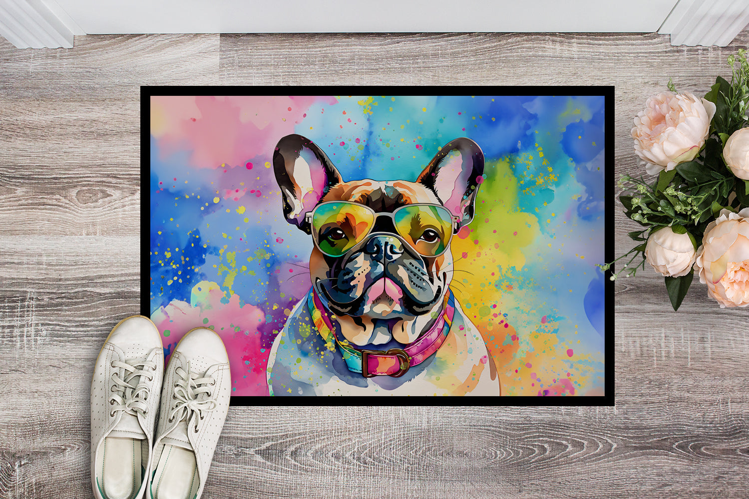 French Bulldog Hippie Dawg Doormat Indoor Outdoor 18H X 27W Front Door Mat Rugs for Entryway, Non Slip Washable