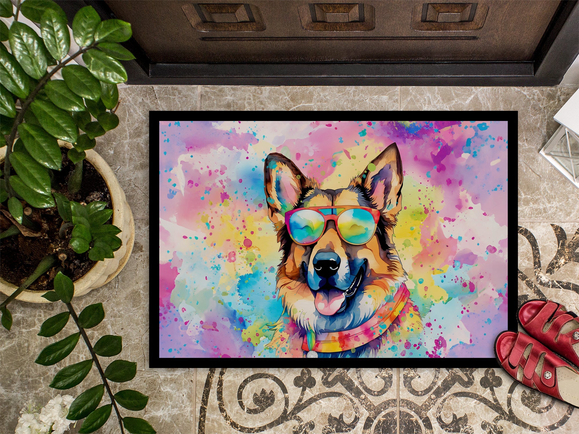 German Shepherd Hippie Dawg Doormat Indoor Outdoor 24H X 36W Front Door Mat Rugs for Entryway, Non Slip Washable Low Pile,