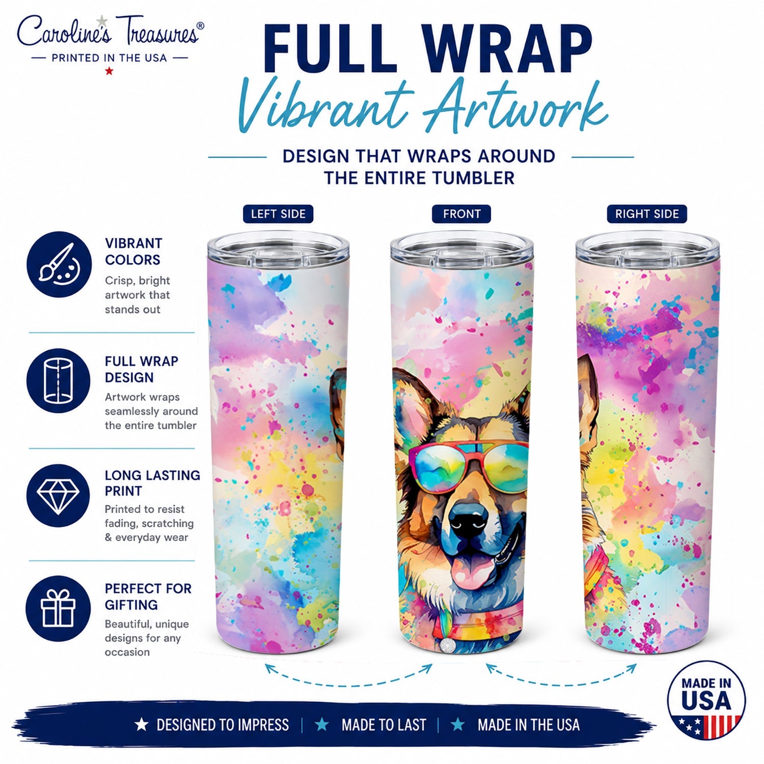 German Shepherd Hippie Dawg Stainless Steel Skinny Tumbler 20 oz Vacuum Double Walled Reusable Insulated Travel Cup