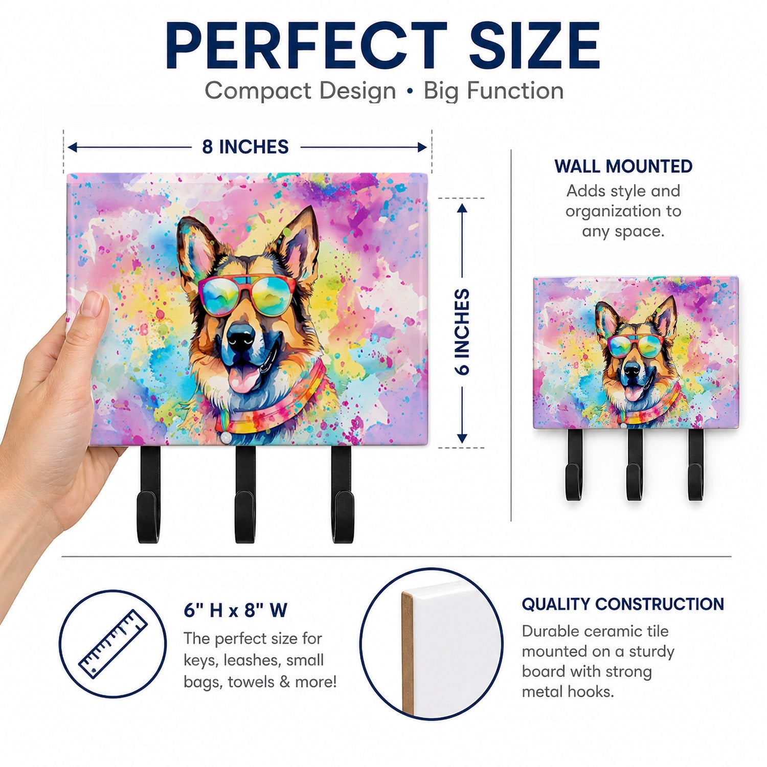 German Shepherd Hippie Dawg Leash or Key Holder Wall Hooks, Coat Rack Wall Mount, for Hanging Keys, Towels, Aprons, Leashes