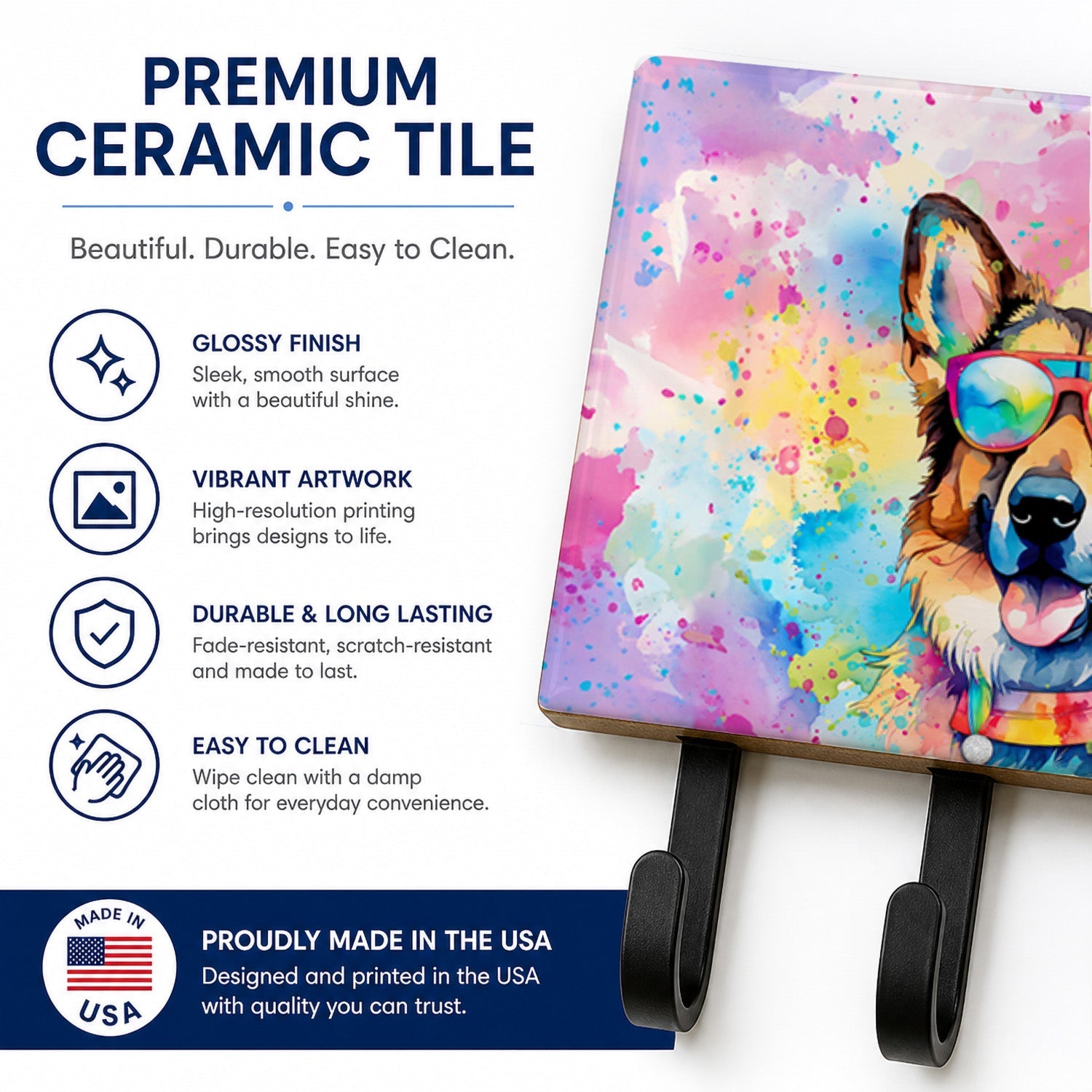German Shepherd Hippie Dawg Leash or Key Holder Wall Hooks, Coat Rack Wall Mount, for Hanging Keys, Towels, Aprons, Leashes