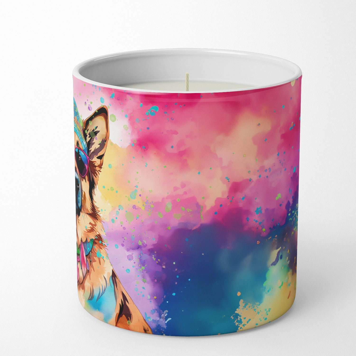 German Shepherd Hippie Dawg Decorative Soy Candle Nature Soy Wax Essential Oil Home Decor Ideal for Bedroom Kitchen Bath Office Gift, 10 oz