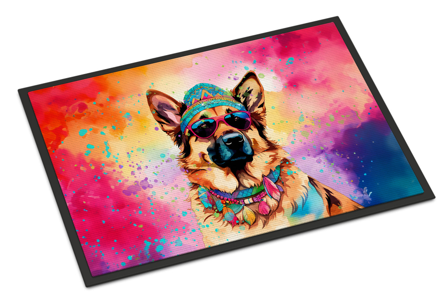 German Shepherd Hippie Dawg Doormat Indoor Outdoor 18H X 27W Front Door Mat Rugs for Entryway, Non Slip Washable