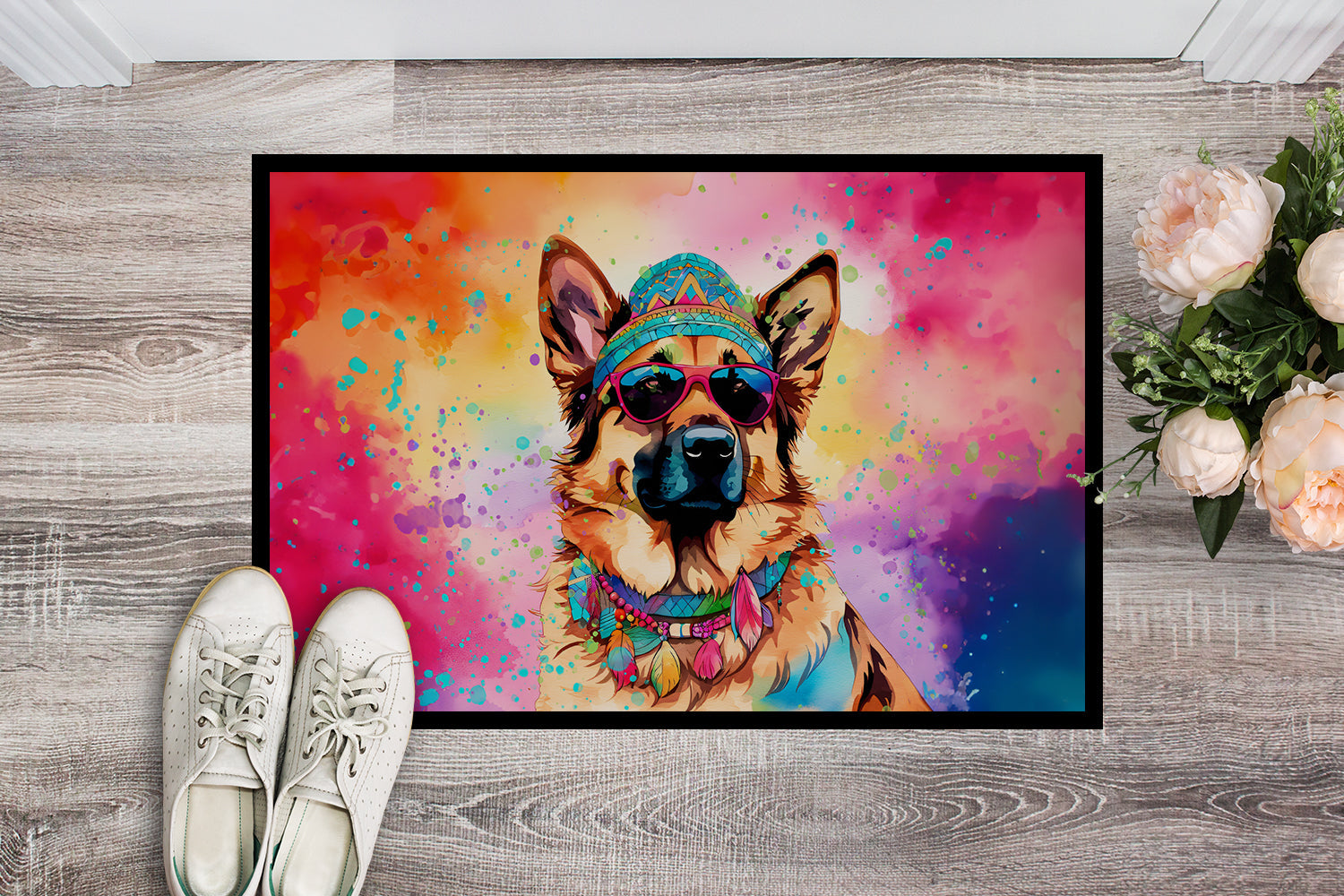 German Shepherd Hippie Dawg Doormat Indoor Outdoor 18H X 27W Front Door Mat Rugs for Entryway, Non Slip Washable