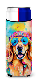 Golden Retriever Hippie Dawg Slim Can Hugger , Insulated Foam Hugger for 12 oz Slim Cans, Beer Bottles & Water Bottles, Printed in USA
